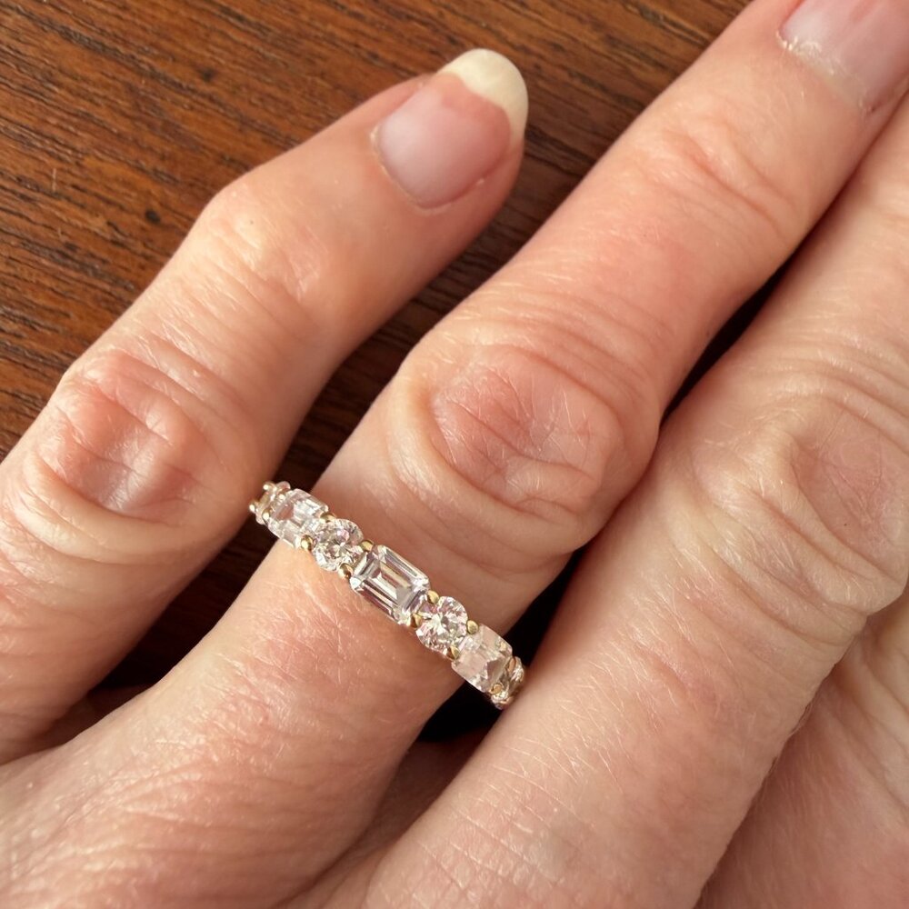 Gold Over 925 Sterling Silver CZ Emerald & Round Cut Band Ring - 5